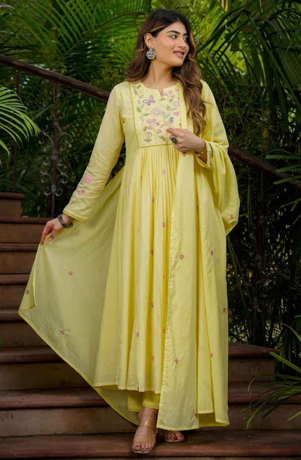 Yellow_Chanderi_Anarkali_Printed_Kurta_With_Bottom_&_Dupatta_For_Women
