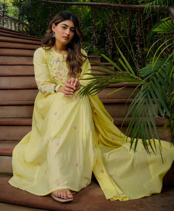 Yellow_Chanderi_Anarkali_Printed_Kurta_With_Bottom_&_Dupatta_For_Women