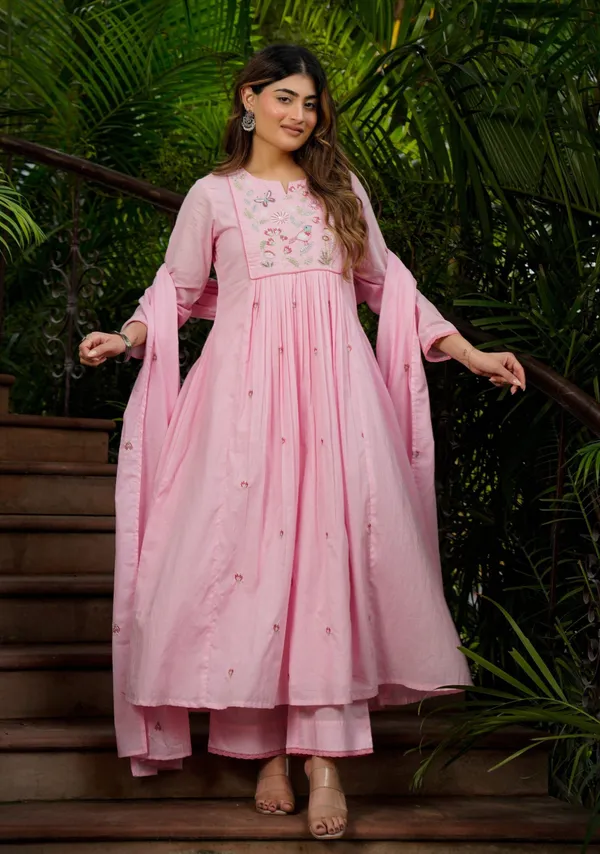 Pink_Chanderi_Flared_Anarkali_Kurta_Set_For_Women