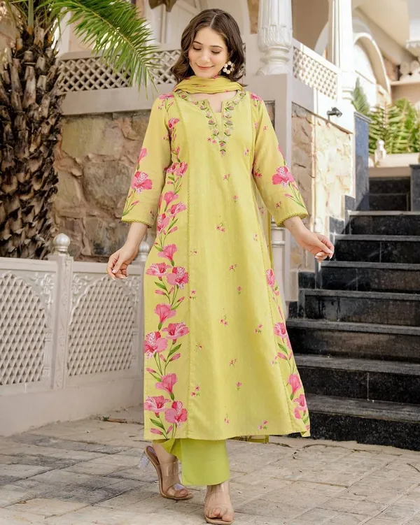 Yellow_Cotton_Floral_Printed_Embroidered_Kurta_Set_For_Women