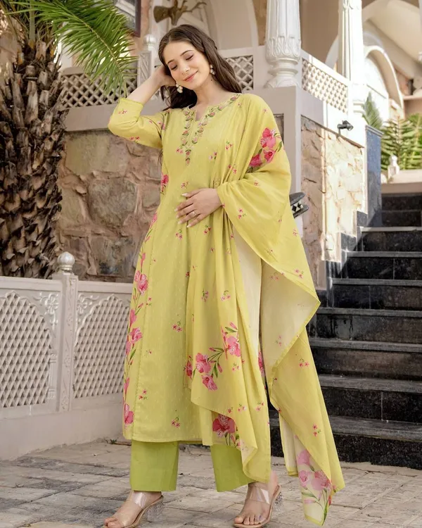 Yellow_Cotton_Floral_Printed_Embroidered_Kurta_Set_For_Women