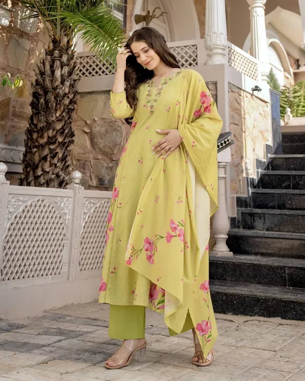 Yellow_Cotton_Floral_Printed_Embroidered_Kurta_Set_For_Women