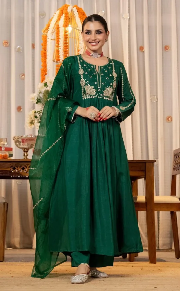 Green_Chanderi_Anarkali_Embroidered_Kurta_With_Bottom_&_Dupatta_For_Women