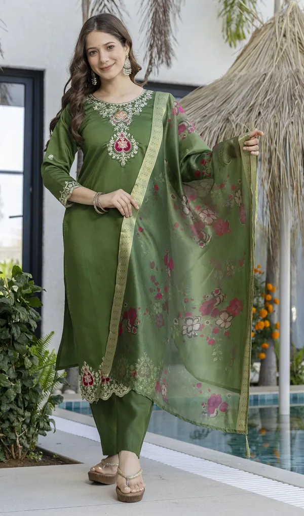 Olive_Green_Chanderi_Embroidered_Straight_Kurta_Set_For_Women