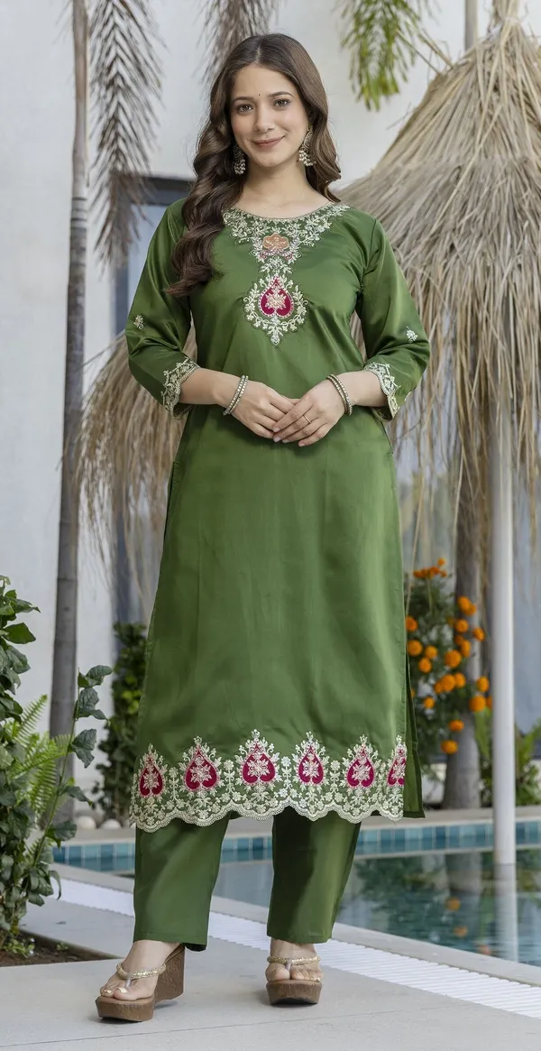 Olive_Green_Chanderi_Embroidered_Straight_Kurta_Set_For_Women