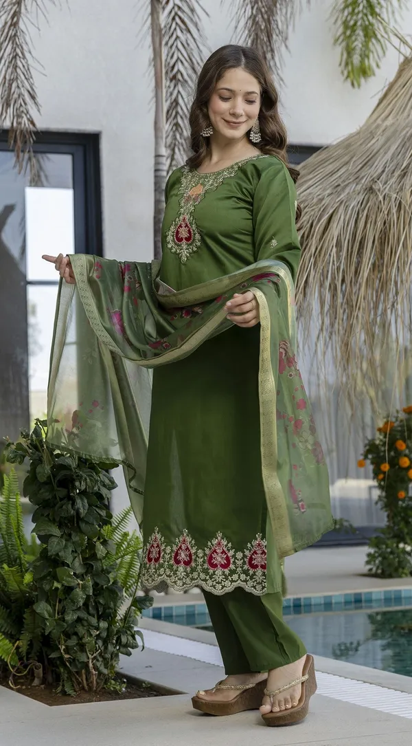 Olive_Green_Chanderi_Embroidered_Straight_Kurta_Set_For_Women