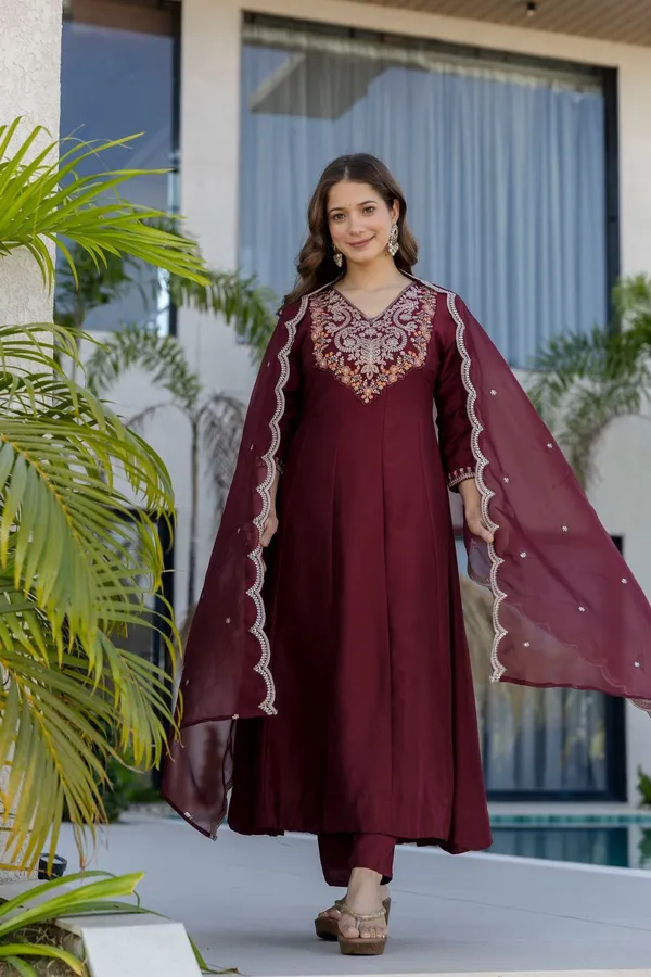 Maroon_Chinon_Embroidered_Anarkali_Kurta_Set_For_Women