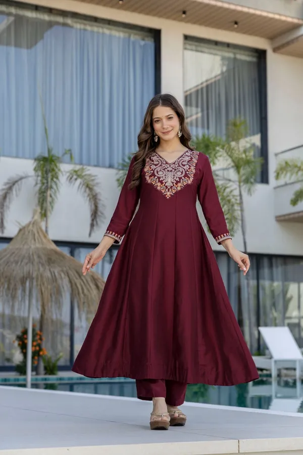 Maroon_Chinon_Embroidered_Anarkali_Kurta_Set_For_Women