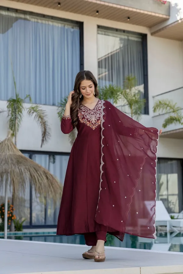 Maroon_Chinon_Embroidered_Anarkali_Kurta_Set_For_Women
