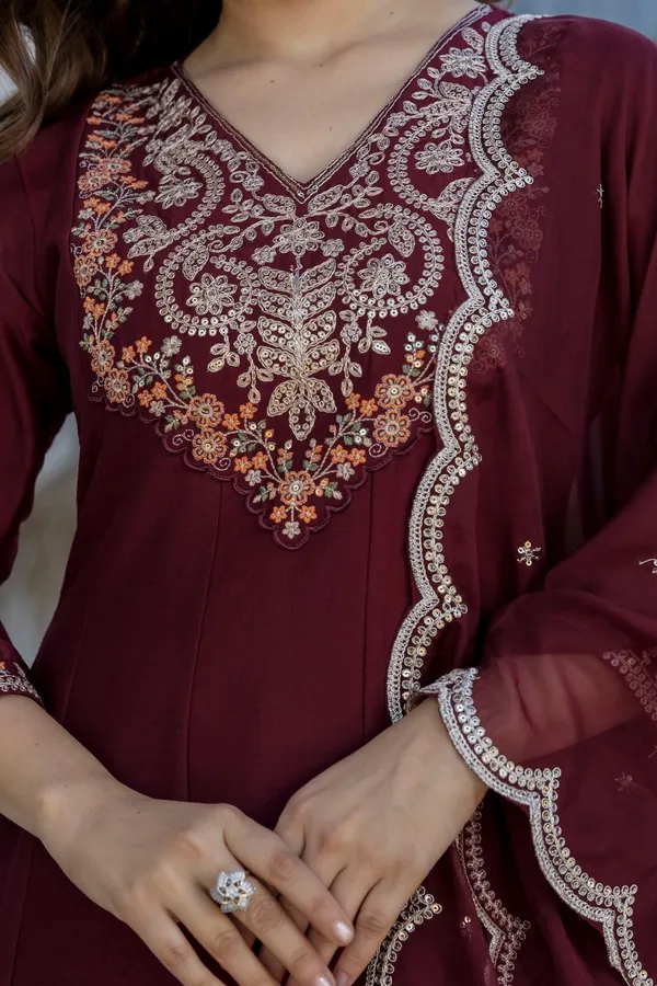 Maroon_Chinon_Embroidered_Anarkali_Kurta_Set_For_Women