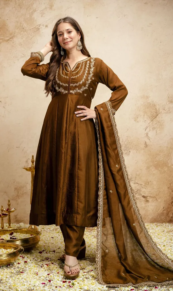 Brown_Vichitra_Silk_Flared_Anarkali_Embroidered_Kurta_Set_For_Women