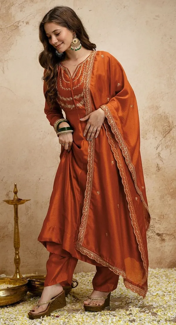 Orange_Vichitra_Silk_Anarkali_Embroidered_Kurta_Set_For_Women