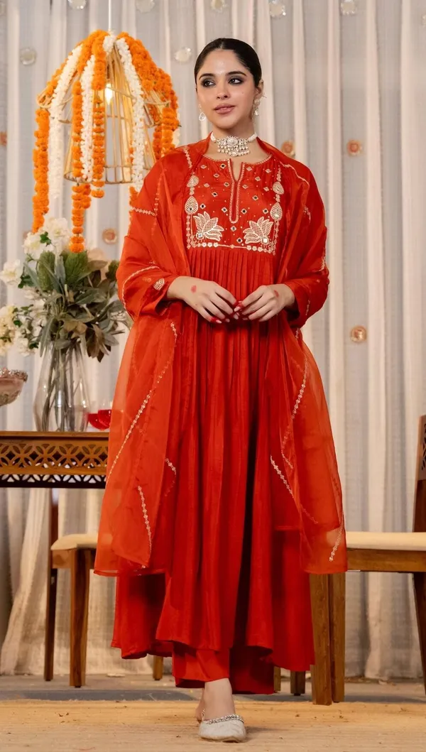 Orange_Chanderi_Silk_Anarkali_Embroidered_Kurta_Set_For_Women