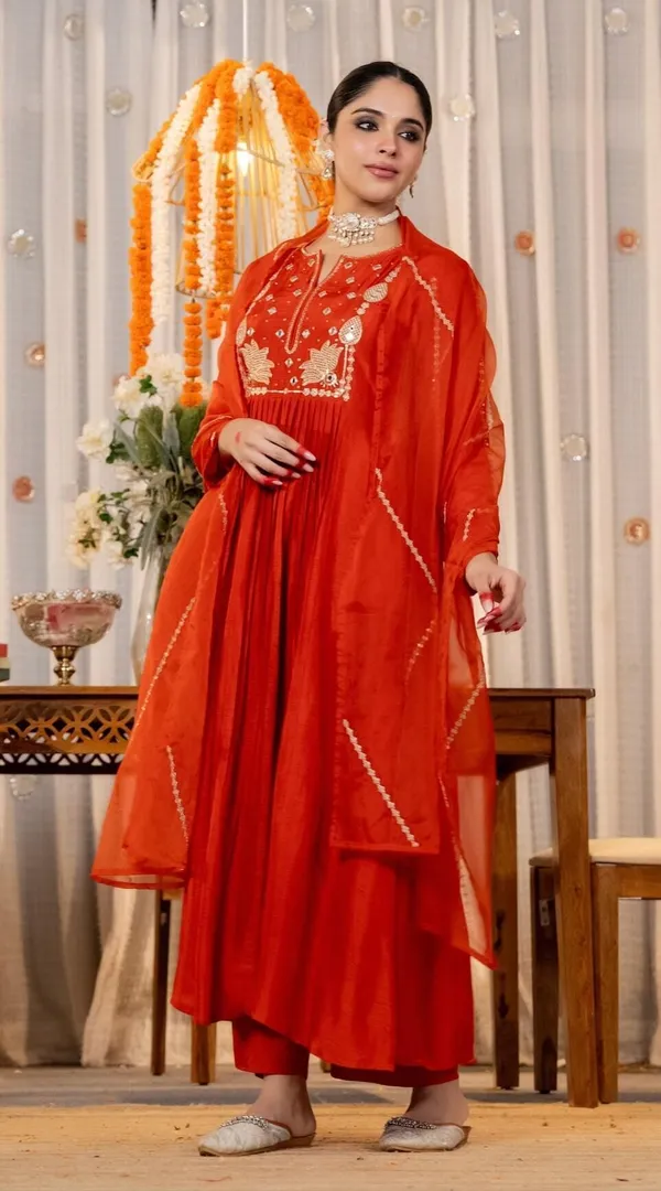 Orange_Chanderi_Silk_Anarkali_Embroidered_Kurta_Set_For_Women