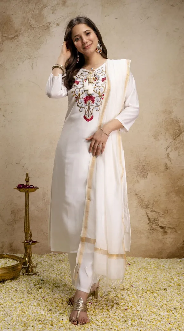 White_Cotton_Embroidered_Kurta_With_Pant_&_Dupatta_For_Women