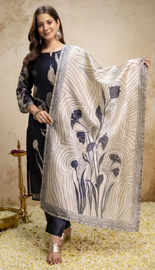 Navy_Blue_Assam_Silk_Floral_Printed_Kurta_Set_For_Women