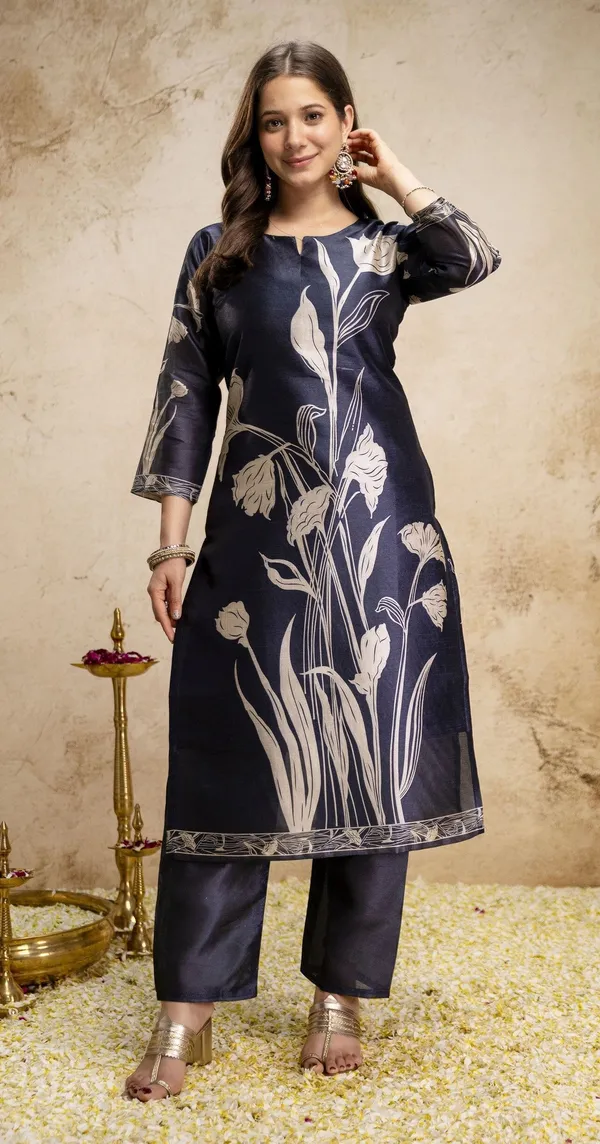 Navy_Blue_Assam_Silk_Floral_Printed_Kurta_Set_For_Women