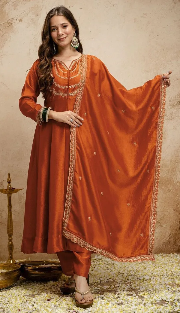 Orange_Vichitra_Silk_Flared_Anarkali_Embroidered_Kurta_Set_For_Women