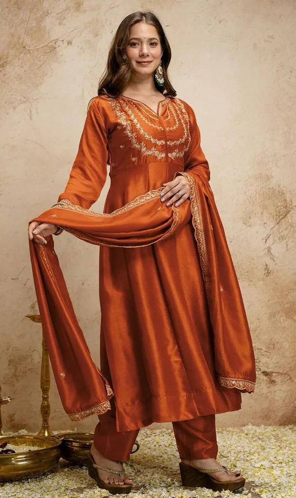 Orange_Vichitra_Silk_Flared_Anarkali_Embroidered_Kurta_Set_For_Women