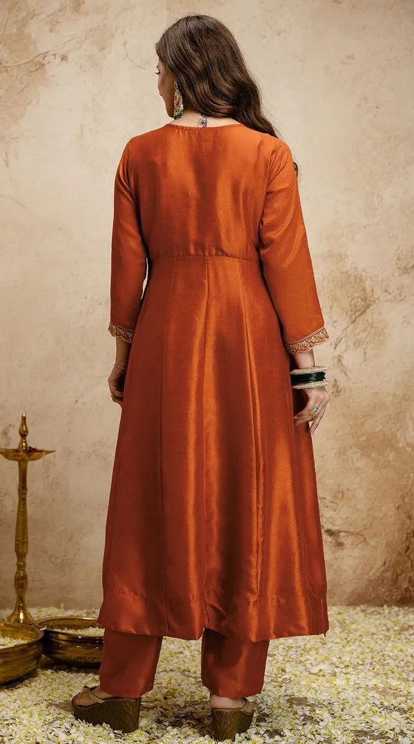 Orange_Vichitra_Silk_Flared_Anarkali_Embroidered_Kurta_Set_For_Women