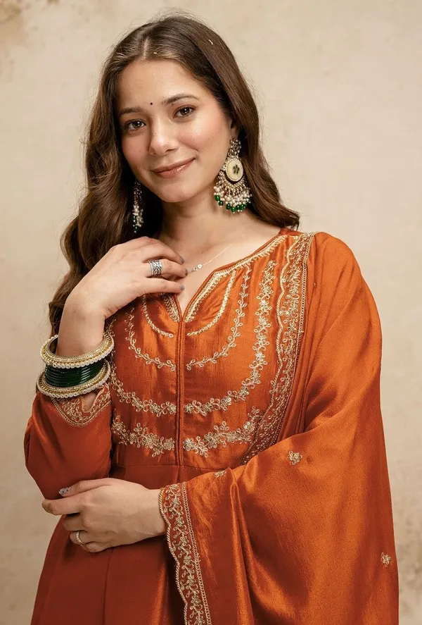 Orange_Vichitra_Silk_Flared_Anarkali_Embroidered_Kurta_Set_For_Women