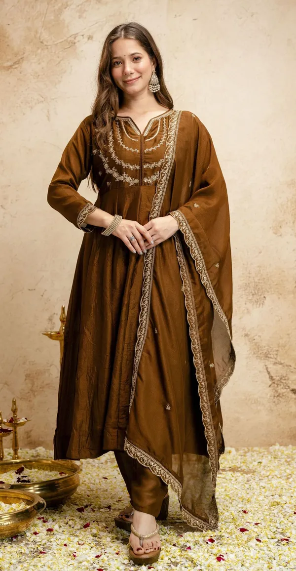 Brown_Vichitra_Silk_Flared_Anarkali_Embroidered_Kurta_Set_For_Women