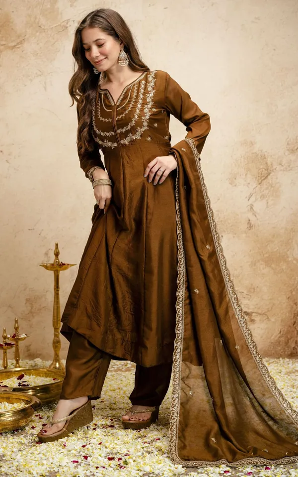 Brown_Vichitra_Silk_Flared_Anarkali_Embroidered_Kurta_Set_For_Women