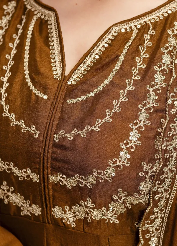 Brown_Vichitra_Silk_Flared_Anarkali_Embroidered_Kurta_Set_For_Women