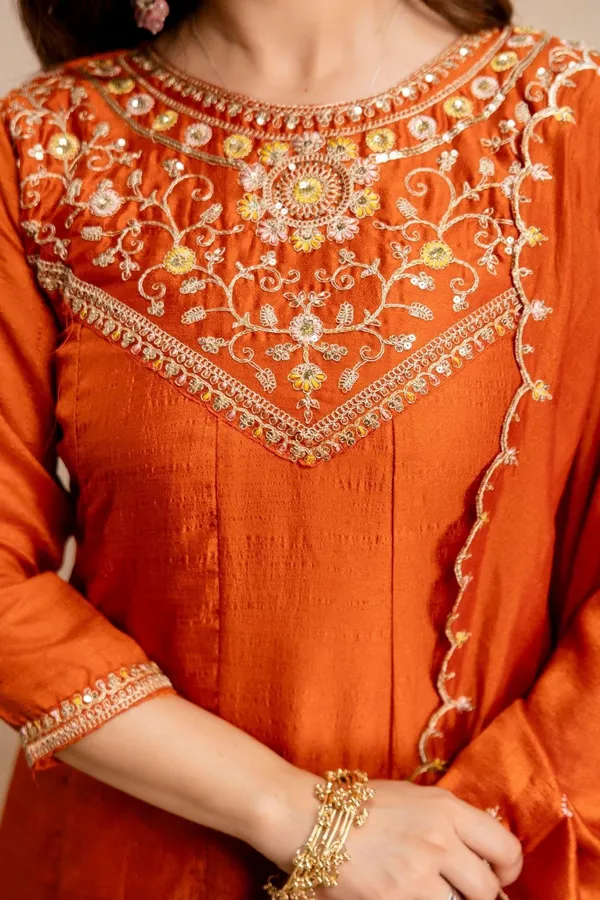 Orange_Vichitra_Silk_Embroidered_Kurta_Set_For_Women