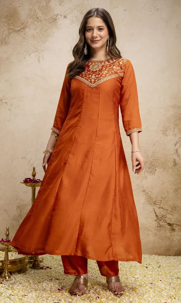 Orange_Vichitra_Silk_Embroidered_Kurta_Set_For_Women