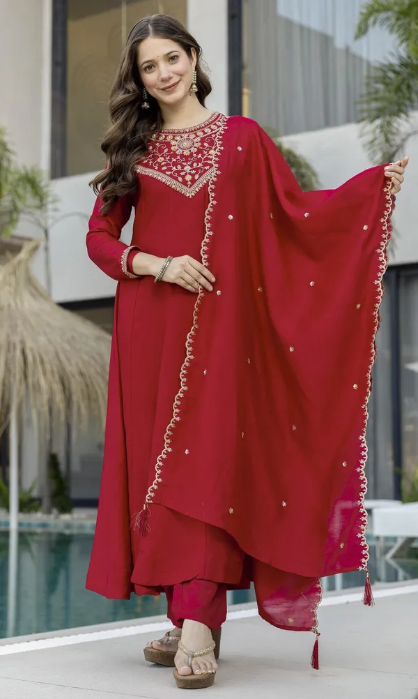 Red_Vichitra_Silk_Embroidered_Straight_Kurta_Set_For_Women