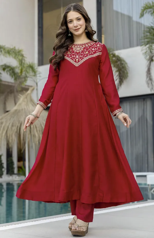 Red_Vichitra_Silk_Embroidered_Straight_Kurta_Set_For_Women