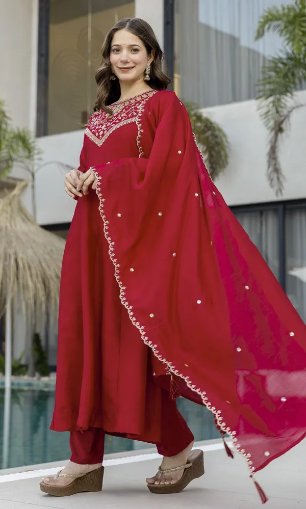 Red_Vichitra_Silk_Embroidered_Straight_Kurta_Set_For_Women