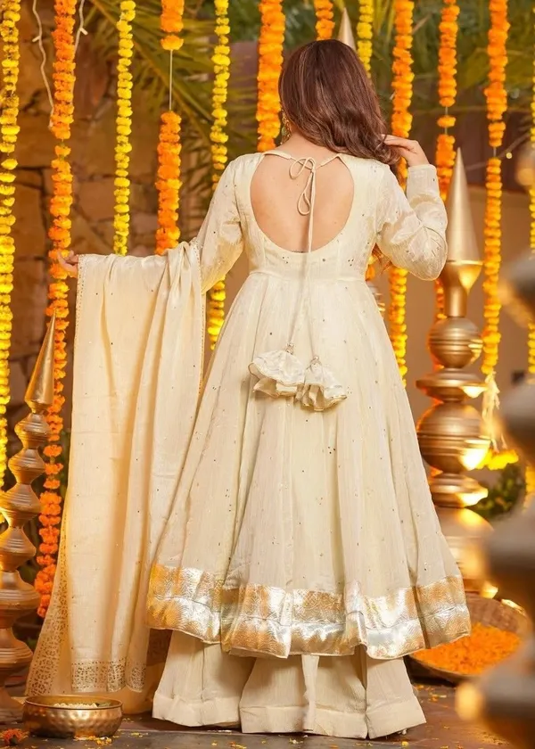 Beige_Chinnon_Anarkali_Foil_Butti_Kurta_Set_For_Women