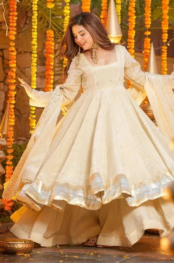 Beige_Chinnon_Anarkali_Foil_Butti_Kurta_Set_For_Women