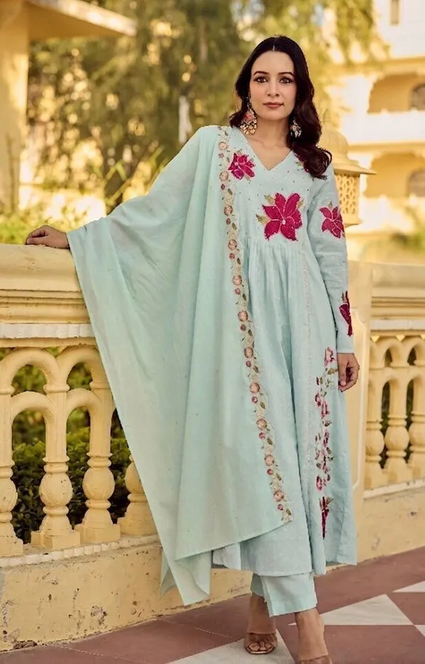 Light_Blue_Viscose_Chanderi_Anarkali_Embroidered_Kurta_Set_For_Women