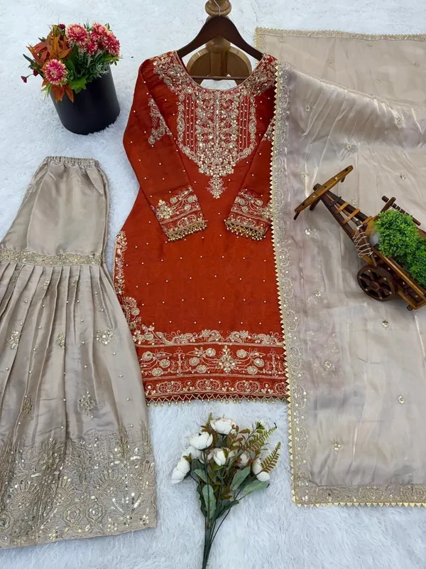 Orange_Silk_Straight_Embroidered_Sequin_Kurta_Set_For_Women