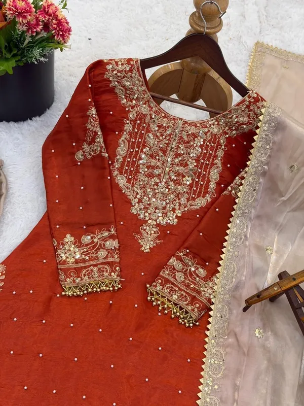 Orange_Silk_Straight_Embroidered_Sequin_Kurta_Set_For_Women