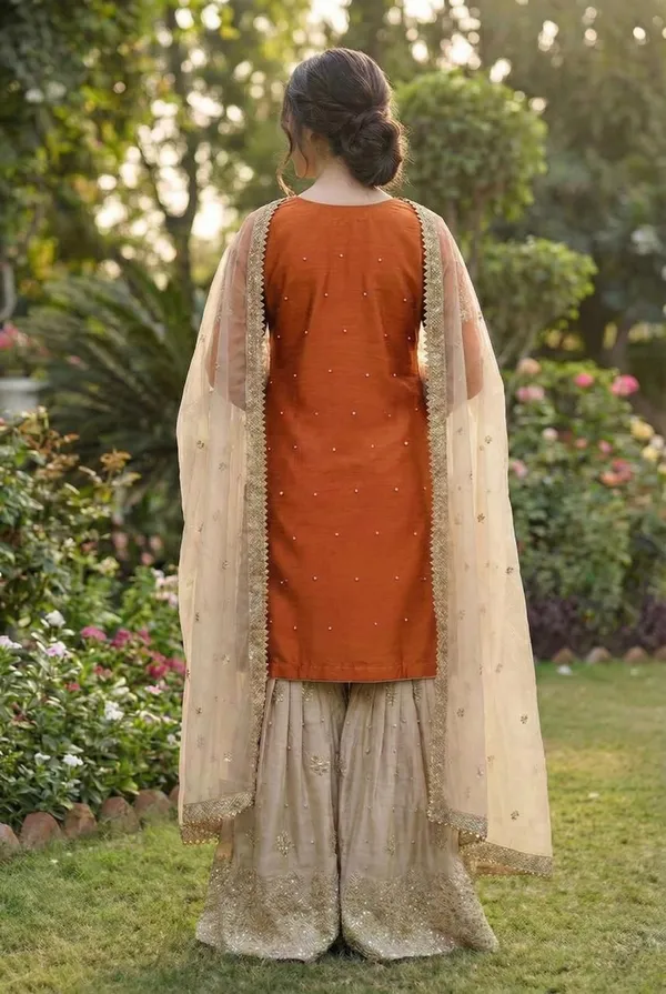 Orange_Silk_Straight_Embroidered_Sequin_Kurta_Set_For_Women