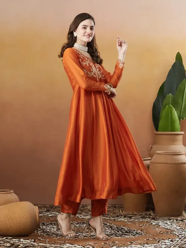 Orange_Cotton_Anarkali_Embroidered_Kurta_With_Bottom_&_Dupatta_For_Women