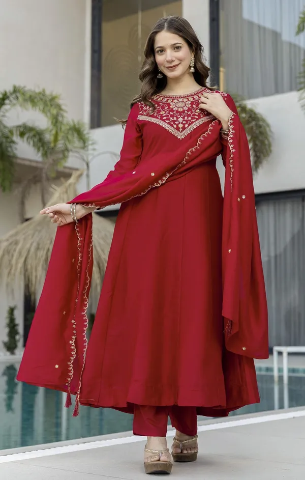 Coffee_Vichitra_Silk_Embroidered_Anarkali_Kurta_Set_For_Women