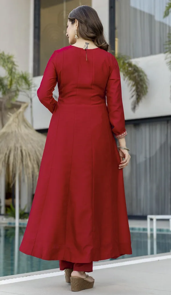 Coffee_Vichitra_Silk_Embroidered_Anarkali_Kurta_Set_For_Women