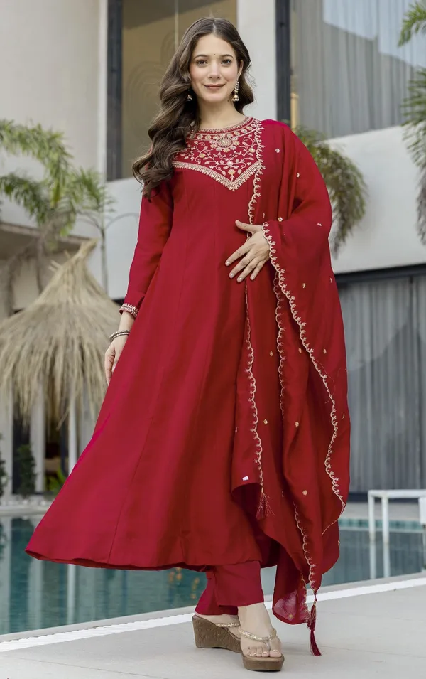 Coffee_Vichitra_Silk_Embroidered_Anarkali_Kurta_Set_For_Women