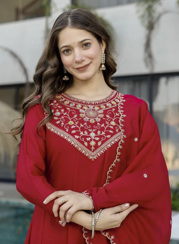 Coffee_Vichitra_Silk_Embroidered_Anarkali_Kurta_Set_For_Women