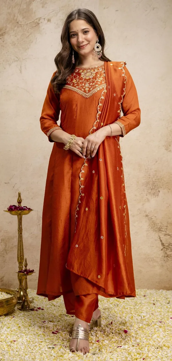 Orange_Cotton_Anarkali_Embroidered_Kurta_With_Bottom_&_Dupatta_For_Women
