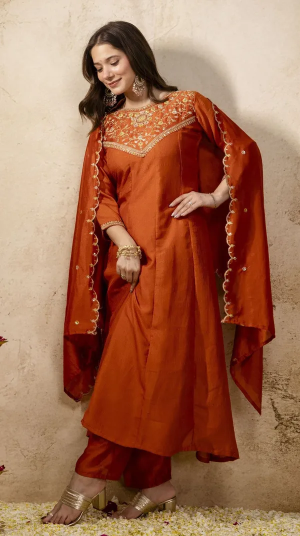 Orange_Cotton_Anarkali_Embroidered_Kurta_With_Bottom_&_Dupatta_For_Women