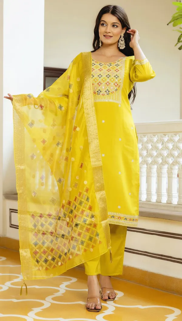Yellow_Viscose_Assam_Silk_Embroidered_Straight_Kurta_Set_For_Women
