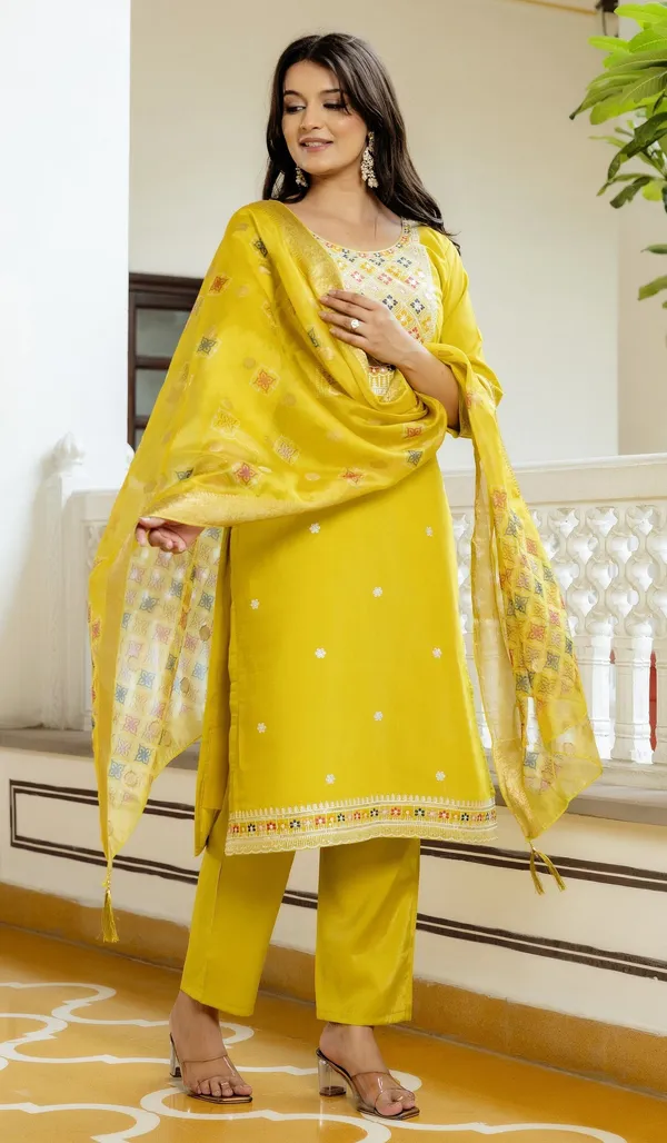 Yellow_Viscose_Assam_Silk_Embroidered_Straight_Kurta_Set_For_Women