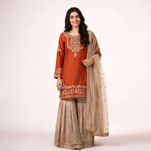 Orange_Cotton_Embellished_Embroidered_Kurta_Trouser_Dupatta_Set_For_Women