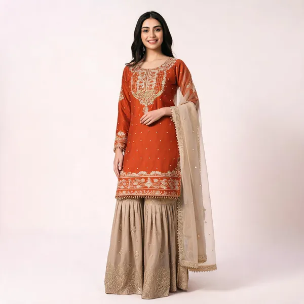 Orange_Cotton_Embellished_Embroidered_Kurta_Trouser_Dupatta_Set_For_Women